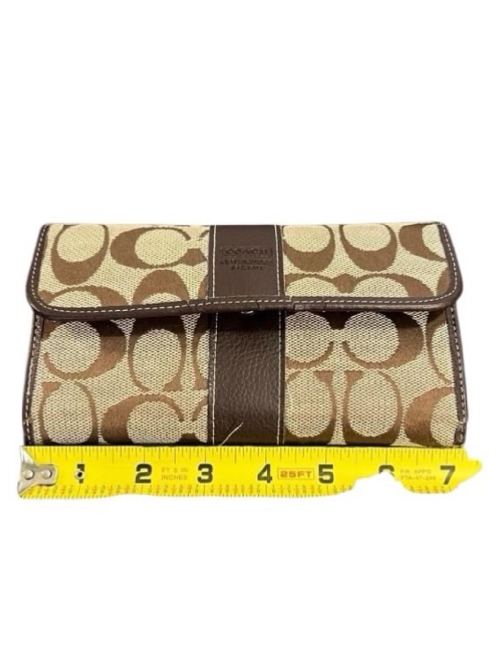 Coach Brown Signature Canvas Fold-Over Wallet with Dark Brown Trim